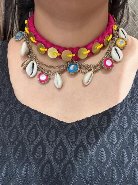 Handmade Cowrie Shell & Mirror-Work Boho Choker Necklace | Festive Indian Jewellery | Adjustable Thread Necklace