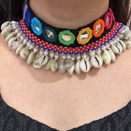 Handmade Mirror-Work Choker Set with Earrings | Ethnic Cowrie Shell Necklace | Boho Jewellery for Women