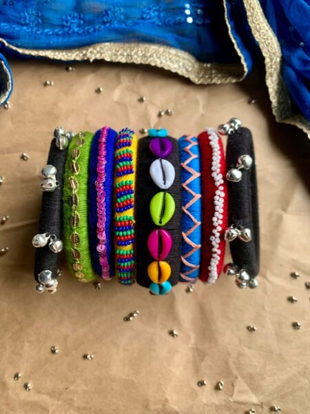 Handmade Boho Cuff Bracelet: Tribal Fabric Jewelry with Beads, Shells & Bells