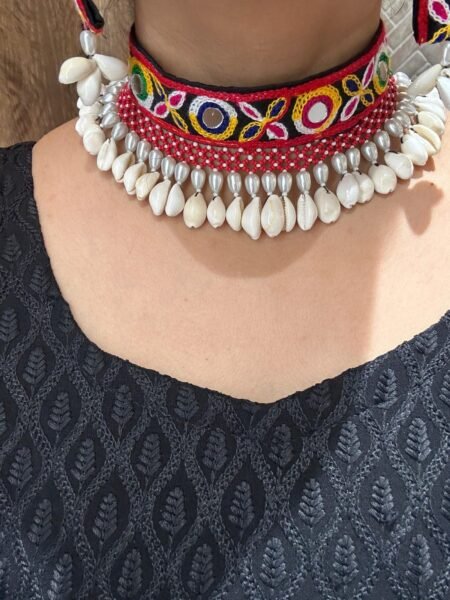 Handmade Navratri Choker Necklace & Earrings: Boho Cowrie Shell Mirrorwork