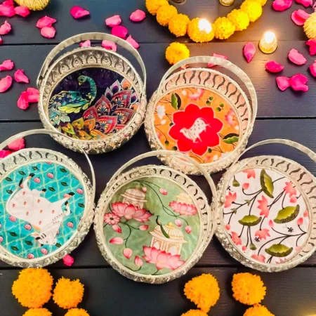 Pichwai Tray Basket with Handle & Sequin Bag: Indian Wedding Diwali Decor-Return Gift Hampers Pooja