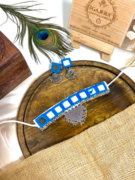 Sky Blue Handmade Mirror Work Choker Set with Earrings for Women – Festive Boho Jewelry
