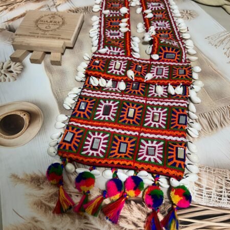 Handmade Multicolor Mirror Work Kamarbandh and Matching Pouch Set for Women – Cowrie Shell Festive Waist Belt India