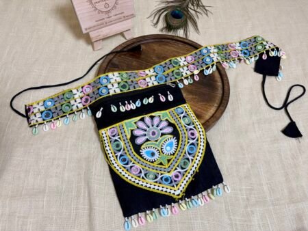 Handmade Black Pastel Mirror Work Kamarbandh and Matching Pouch Set for Women – Boho Festive Waist Belt India