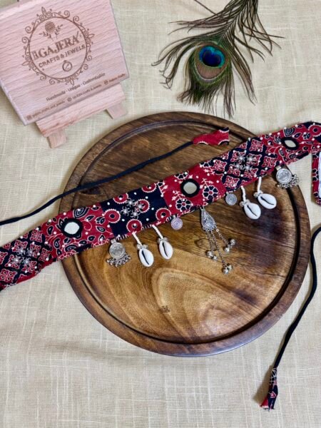 Handmade Red Printed Cowrie Shell Kamarbandh for Women – Festive Boho Waist Belt India