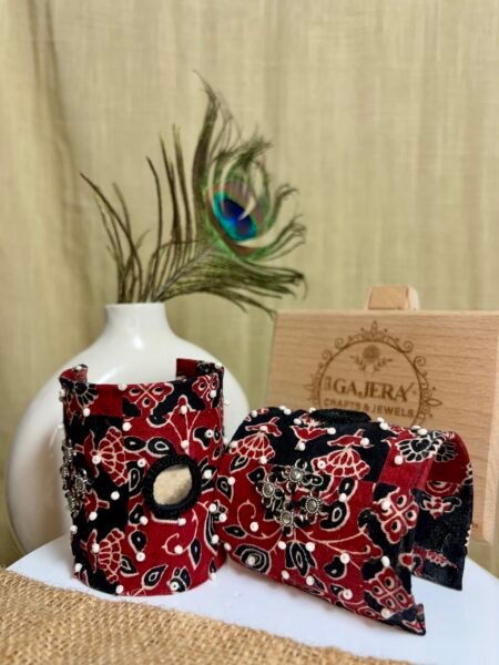 Handmade Red Black Ajrakh Print Clutch and Cuff Set for Women – Boho Festive Accessories India