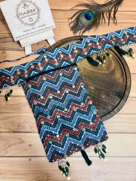 Handmade Chevron Print Kamarbandh and Matching Pouch Set for Women – Boho Festive Waist Belt India