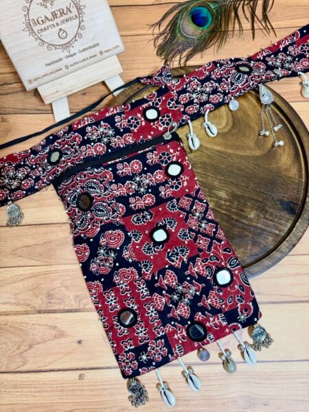 Handmade Red Black Ajrakh Print Kamarbandh and Matching Pouch Set for Women – Boho Festive Waist Belt India
