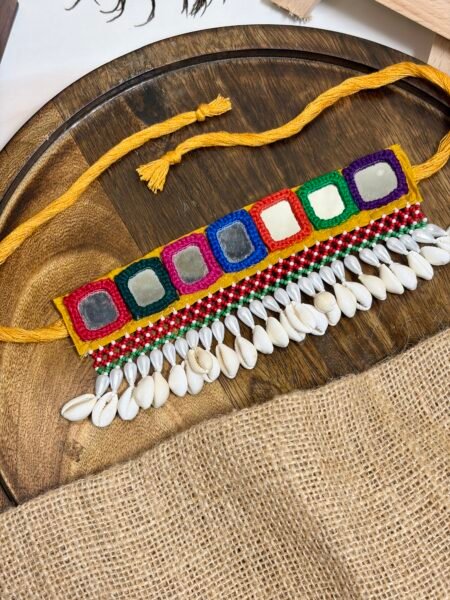 Handmade Mustard Yellow Mirror Work Cowrie Shell Choker for Women – Festive Boho Jewelry India