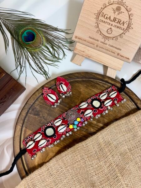 Ajrakh Special Red Cowrie Shell Mirror Work Choker Set for Women – Festive Boho Jewelry India