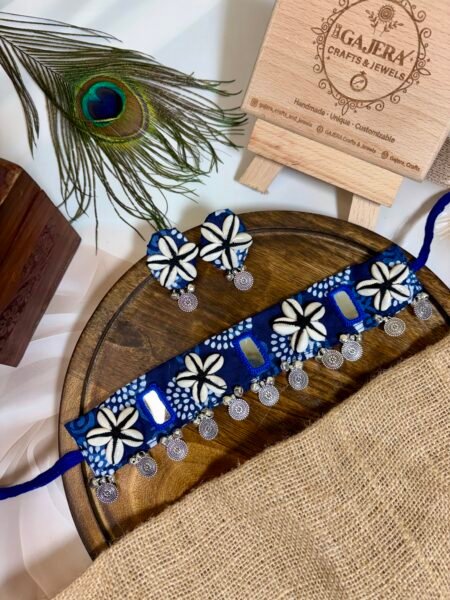 Handmade Blue Cowrie Shell Mirror Work Choker Set for Women – Festive Boho Jewelry India