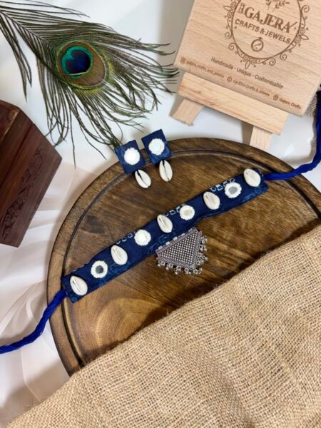 Handmade Indigo Blue Cowrie Shell Choker Set for Women – Mirror Work Oxidised Festive Jewelry India