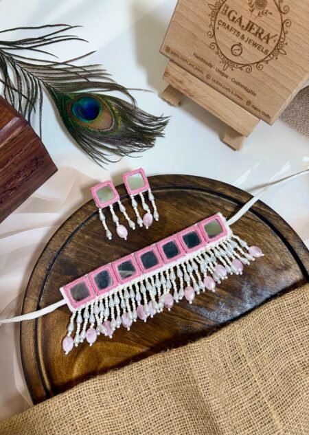 Handmade Pink Mirror Work Choker Set for Women – Pearl Drop Festive Jewelry India