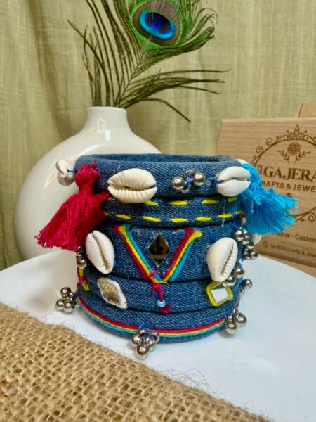 Handmade Denim Blue Cowrie Shell Bangle Set for Women – Boho Mirror Work Festive Kada Stack India