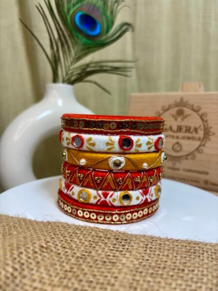 Handmade Red White Festive Bangle Set for Women – Mirror Work Thread Kada Stack India