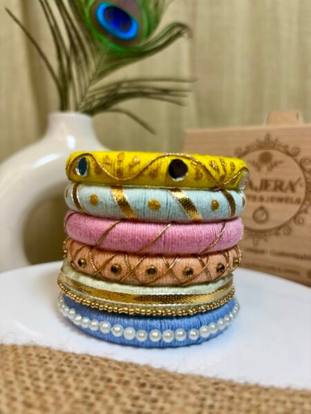Handmade Pastel Multicolor Festive Bangle Set for Women – Mirror Pearl Thread Kada Stack India