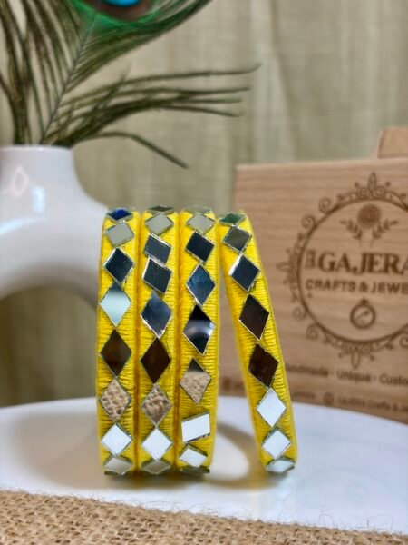 Handmade Yellow Mirror Work Bangle Set for Women – Festive Thread Wrapped Bangles India