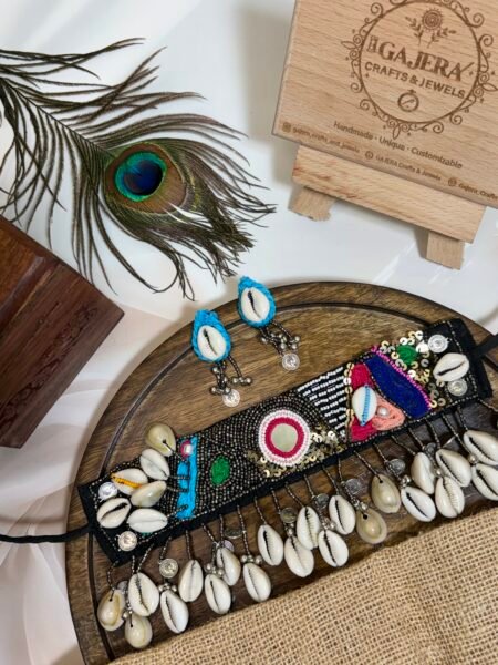 Handmade Black Beaded Cowrie Shell Choker Set for Women – Festive Boho Mirror Work Jewelry India