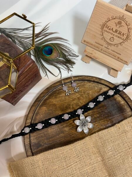 Handmade Black Braided Oxidised Flower Choker Set for Women – Boho Festive Jewelry India