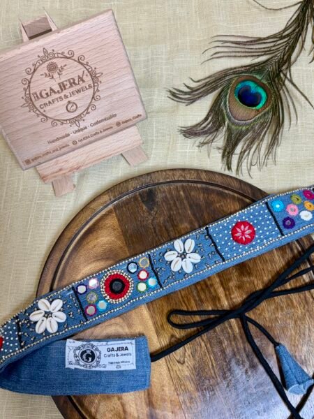 Handmade Denim Blue Mirror Work Kamarbandh for Women – Cowrie Shell Festive Waist Belt India