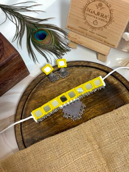 Yellow Handmade Mirror Work Choker Set with Earrings for Women – Festive Boho Jewelry
