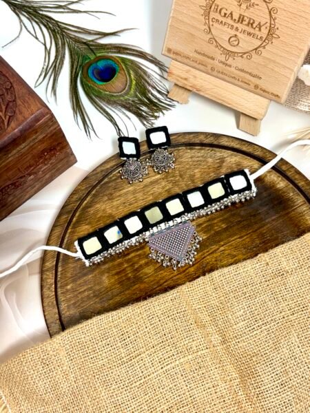 Black Handmade Mirror Work Choker Set with Earrings for Women – Oxidised Festive Jewelry