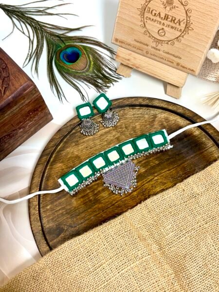 Green Handmade Mirror Work Choker Set with Earrings for Women – Festive Boho Jewelry India