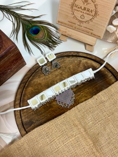 White Handmade Mirror Work Choker Set with Earrings for Women – Elegant Festive Jewelry India