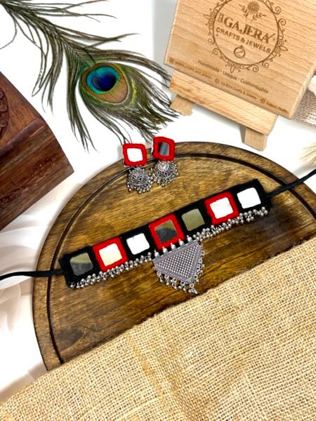 Handmade Black Red Mirror Work Choker Set for Women – Festive Oxidised Jewelry India