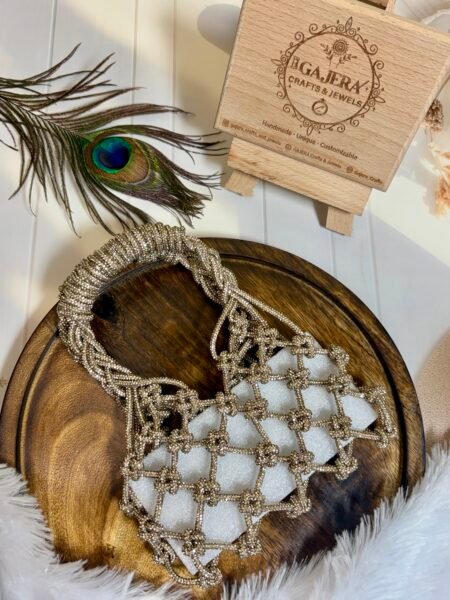 Handmade Champagne Beaded Net Handbag for Women – Festive Crystal Crochet Ring Handle Bag India
