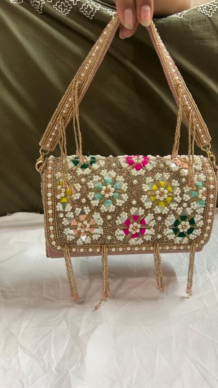 Handmade Pearl Floral Beaded Shoulder Bag for Women – Festive Embroidered Handbag India