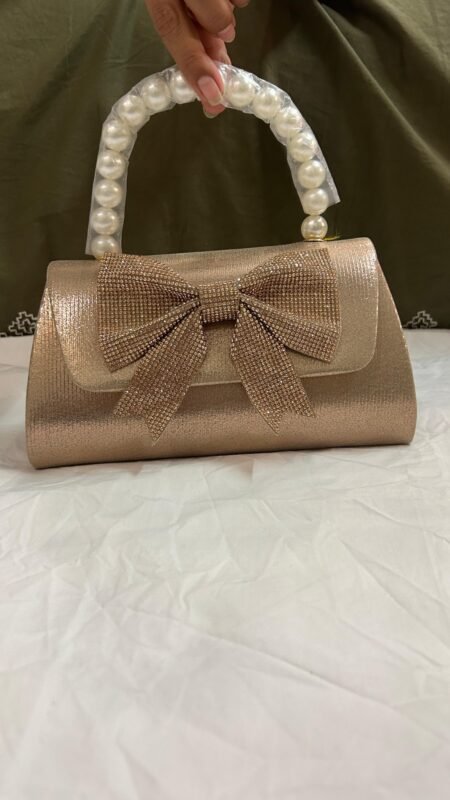 Handmade Pearl Handle Bow Clutch Bag for Women – Rose Gold Festive Party Handbag India