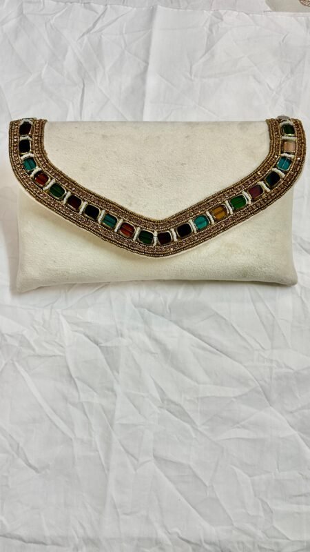 Handmade Ivory Stone Work Clutch Bag for Women – Festive Beaded Envelope Handbag India