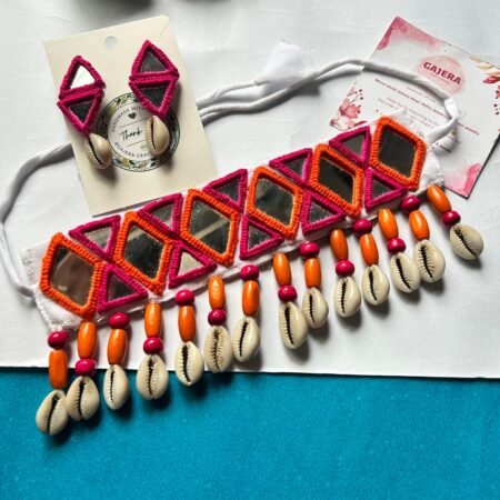 Handmade Pink Orange Mirror Work Choker Set for Women – Cowrie Shell Festive Jewelry India