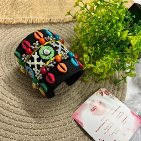 Handmade Black Mirror Work Cuff Bracelet for Women – Multicolor Boho Festive Kada India