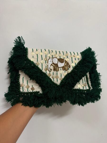 Handmade Green Tassel Elephant Clutch Bag for Women – Boho Festive Embroidered Handbag India